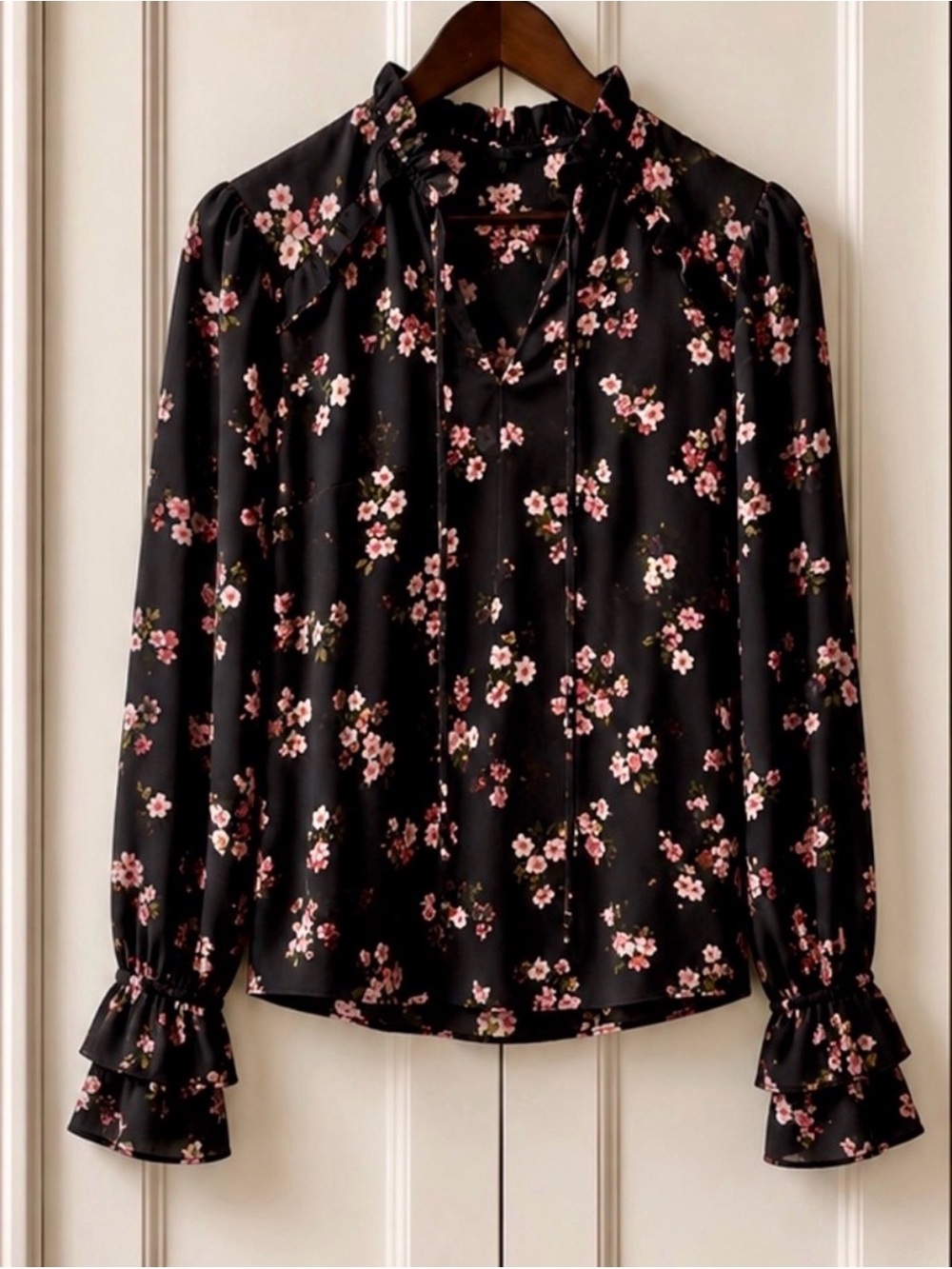 CeCe Black Blouse with Pink Floral Print and Ruffle Neck - Picture 2 of 2